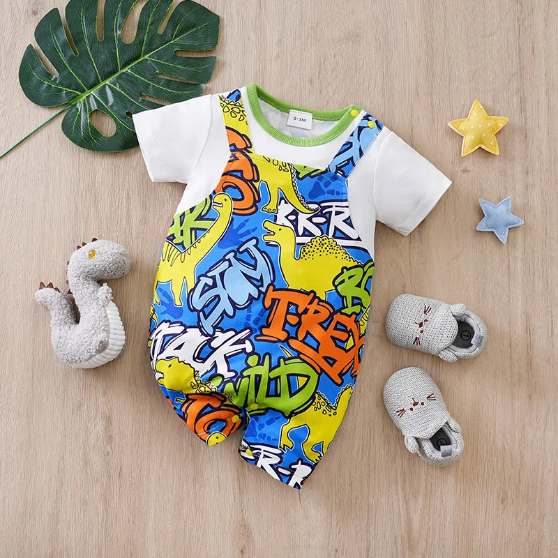 Newborn boys, girls, and babies summer hot-blooded dinosaurs contrasting color round collar short-sleeved fake 2-piece one-piece
Newborn boys, girls, and babies summer hot-blooded dinosaurs contrasting color round collar short-sleeved fake 2-piece one-piece
