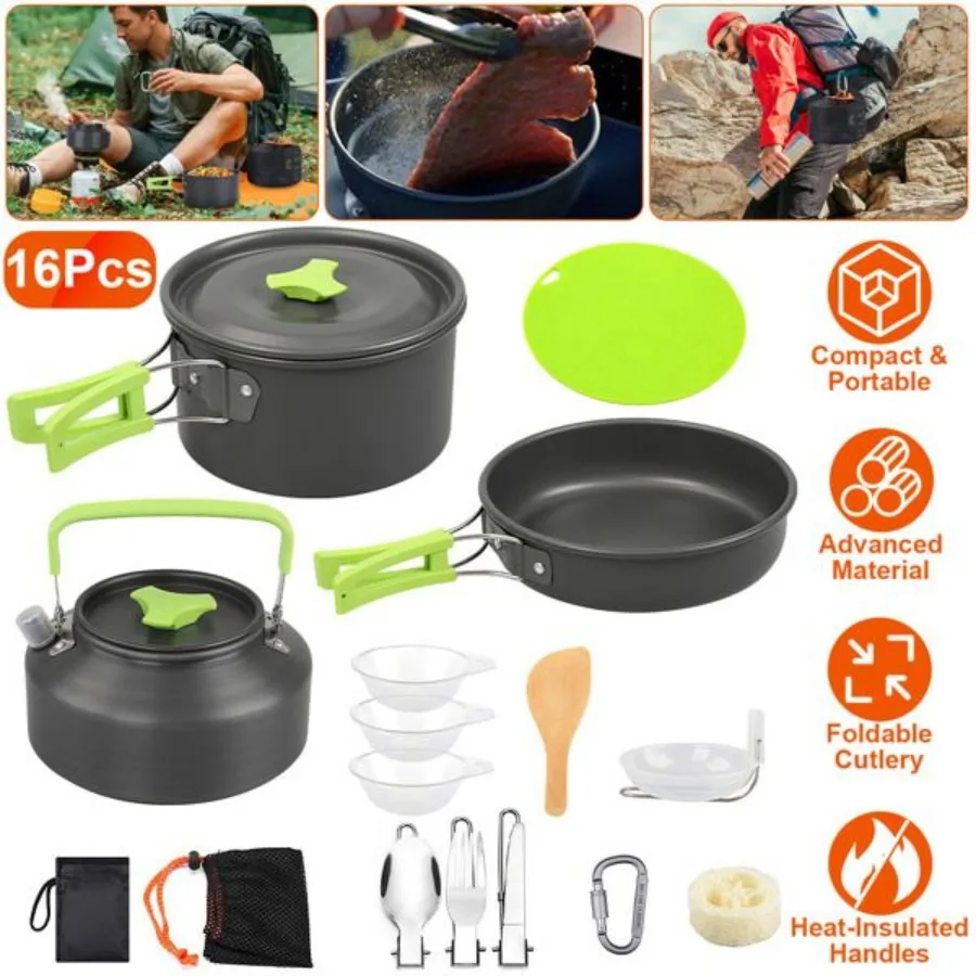 16Pcs Camping Cooking Ware Set Camping Stove Cookware Kit Aluminum Pot Pan Kettle Set with Bowls Knife Fork Spoon Carabiner Spa
16Pcs Camping Cooking Ware Set Camping Stove Cookware Kit Aluminum Pot Pan Kettle Set with Bowls Knife Fork Spoon Carabiner Spa