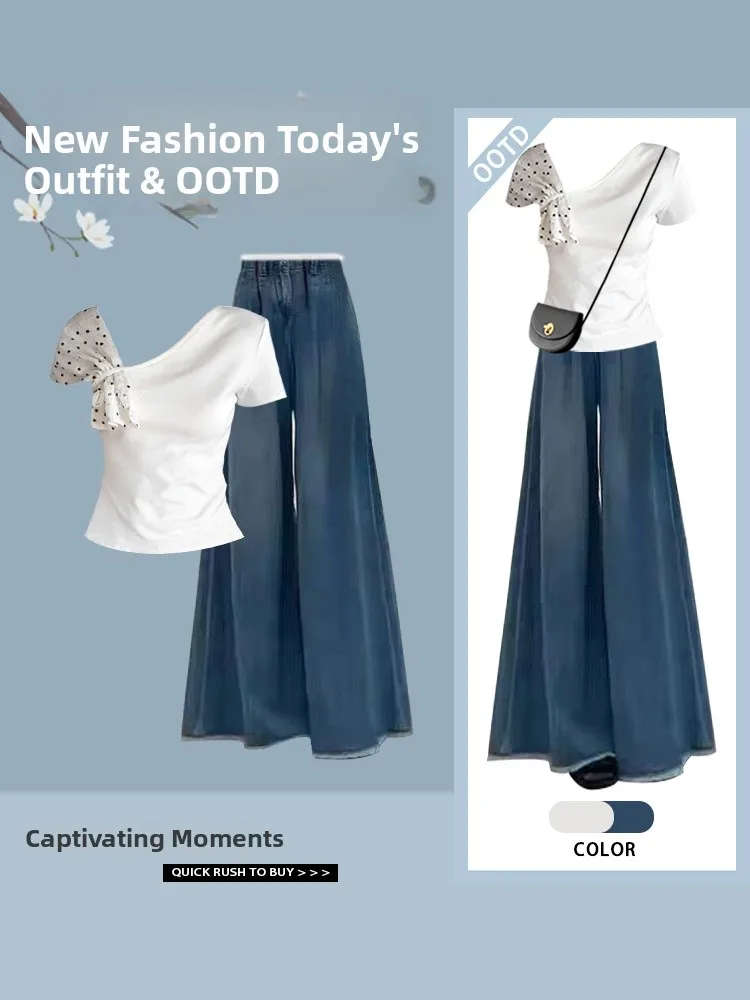 Polka Dot Knot Slim Fit T-irt And Wide Leg Jeans Two Piece Set ort Sve American Sle Faion Ensemble
Polka Dot Knot Slim Fit T-irt And Wide Leg Jeans Two Piece Set ort Sve American Sle Faion Ensemble