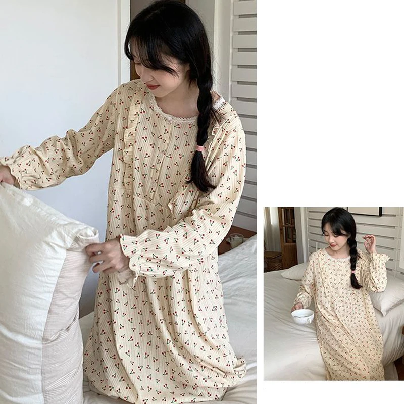 Cherry Print Women Night Dress Lace Sleepwear Spring Nightwear Korean Fashion Nightgown Long Sleeve O-neck One Piece Pajamas New
Cherry Print Women Night Dress Lace Sleepwear Spring Nightwear Korean Fashion Nightgown Long Sleeve O-neck One Piece Pajamas New