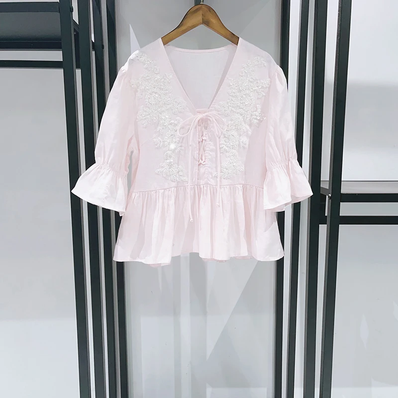 Ele French Sle Embroidered V-Ne Top with Belt Lightweight Transparent Early Autumn New Arrival Women's irt
Ele French Sle Embroidered V-Ne Top with Belt Lightweight Transparent Early Autumn New Arrival Women's irt