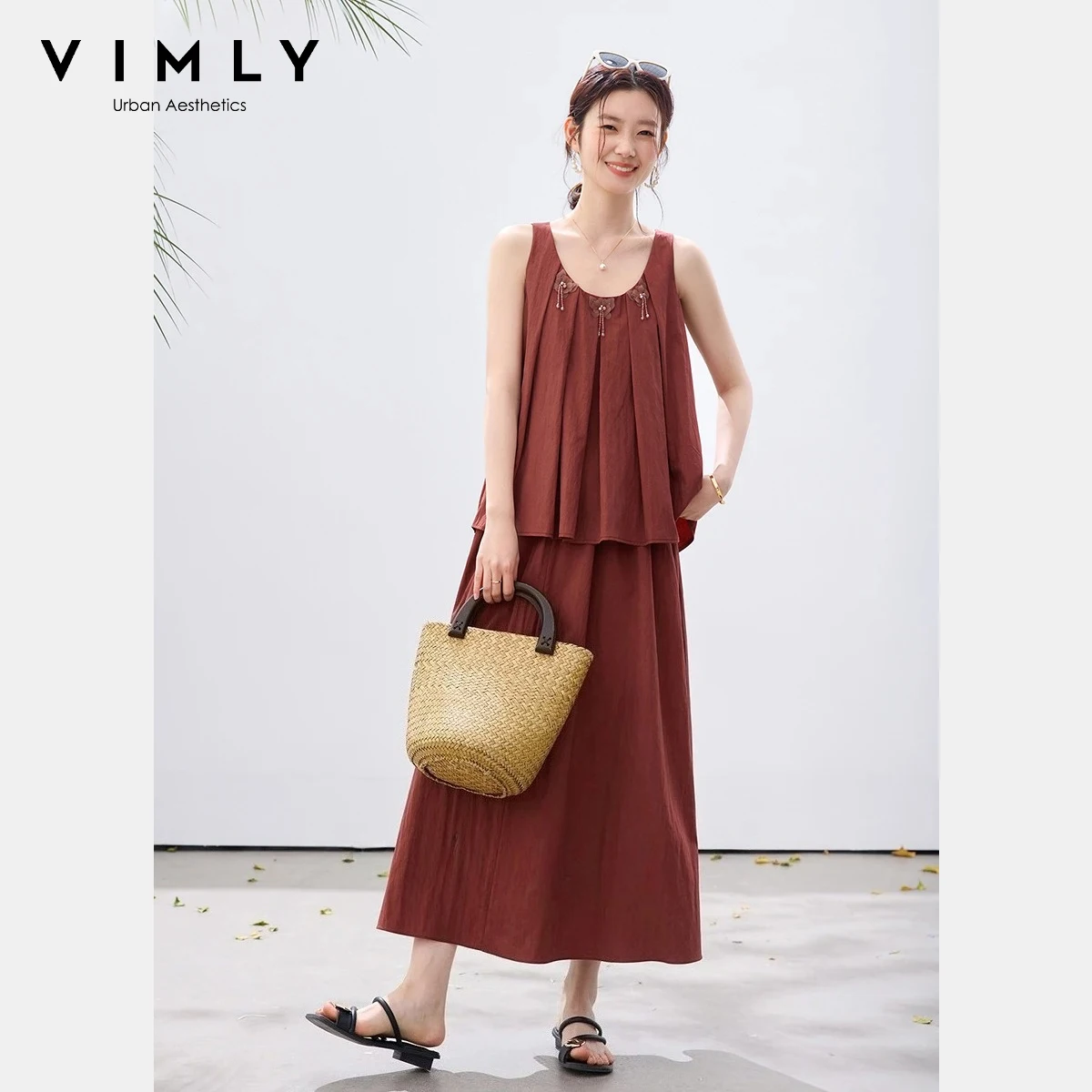 VIMLY Women's Chinese Style Casual Two-Piece Set 2026 Summer New Fashion 3D Floral Sleeveless Top Midi Skirt Casual Outfit A6028
VIMLY Women's Chinese Style Casual Two-Piece Set 2026 Summer New Fashion 3D Floral Sleeveless Top Midi Skirt Casual Outfit A6028