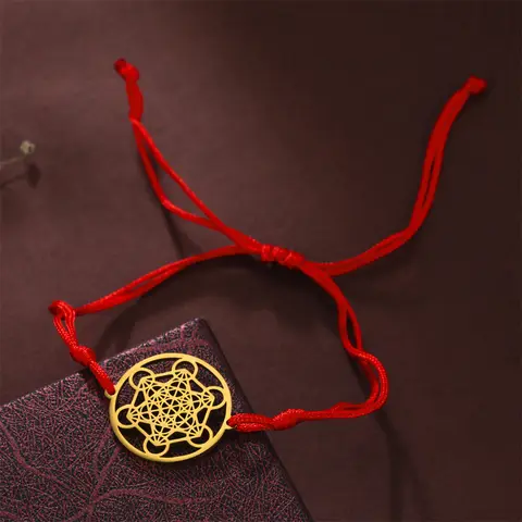 Bracelet en acier inoxydable Unift Metatron Lucky Red String pour femmes et hommes, fleur de vie, amulette hindoue Om Aum Bouddha, bijoux