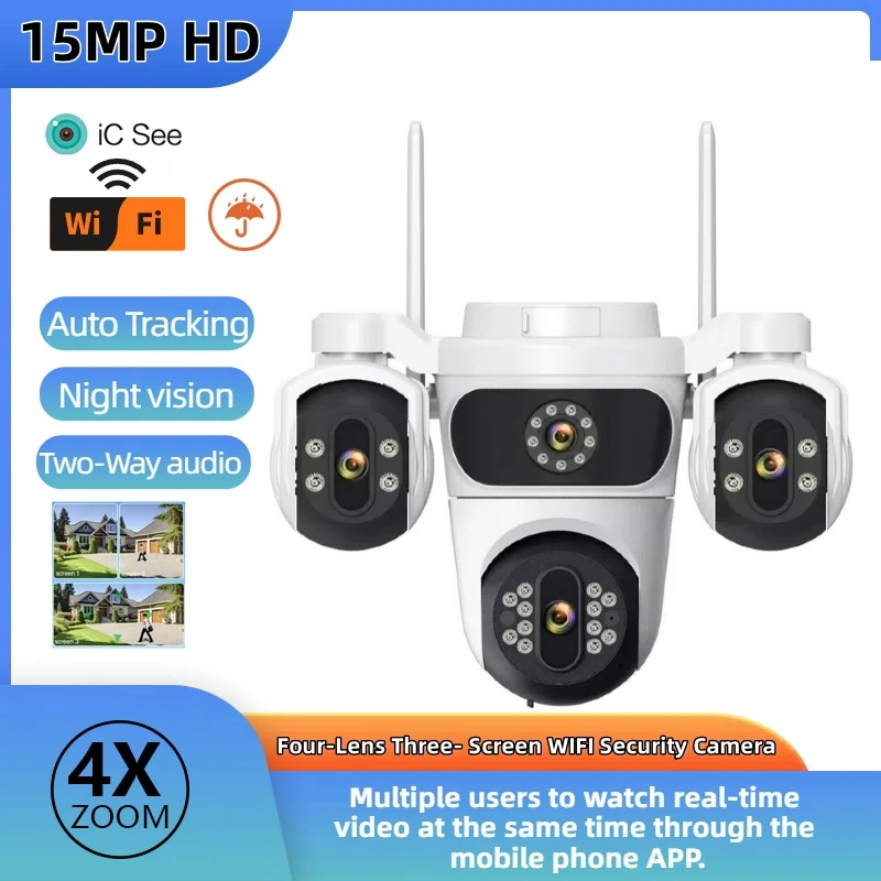 15MP 6K WIFI камера безопасности с четырьмя объективами, трехэкранная PTZ-видеокамера, обнаружение человека, наблюдение HD, беспроводной монитор, камера для дома
15MP 6K WIFI камера безопасности с четырьмя объективами, трехэкранная PTZ-видеокамера, обнаружение человека, наблюдение HD, беспроводной монитор, камера для дома