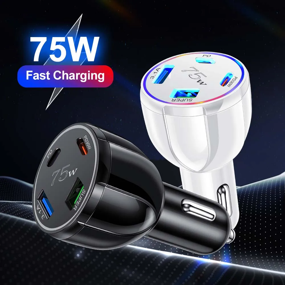 Автомобильное зарядное устройство 75 Вт 4 в 1, 1 порта USB, быстрая зарядка, автомобильный телефонный адаптер для iPhone, Xiaomi, Samsung, Huawei, быстрое зарядное устройство в автомобиле
Автомобильное зарядное устройство 75 Вт 4 в 1, 1 порта USB, быстрая зарядка, автомобильный телефонный адаптер для iPhone, Xiaomi, Samsung, Huawei, быстрое зарядное устройство в автомобиле
