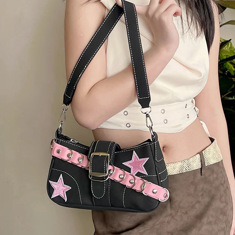 Fashion Black Pink Star Chic Cowboy Tote Bag with Punk Buckle Strap, Y2K Style Underarm Handbag Purse for Women Daily Party Use
Fashion Black Pink Star Chic Cowboy Tote Bag with Punk Buckle Strap, Y2K Style Underarm Handbag Purse for Women Daily Party Use