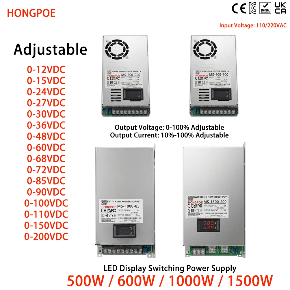 CE Digital Display 500/600/1000/1500W SMPS 0-200V Adjustable 10-100%Current 0-100%Voltage 110/220VACfor LED 3D Printer Industria
CE Digital Display 500/600/1000/1500W SMPS 0-200V Adjustable 10-100%Current 0-100%Voltage 110/220VACfor LED 3D Printer Industria