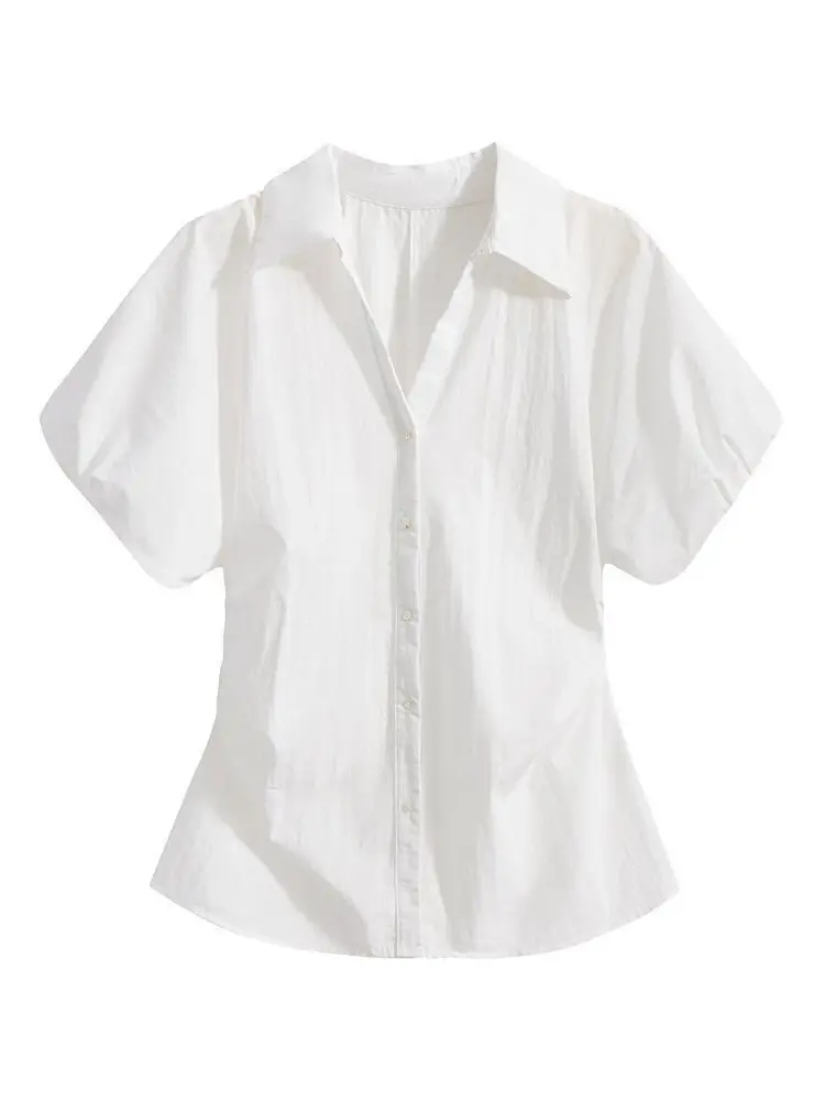 Korean Style Slim Fit Shirt V Neck Short Sleeve Women's Folded Waist Design Fashionable Versatile Summer New Arrival
Korean Style Slim Fit Shirt V Neck Short Sleeve Women's Folded Waist Design Fashionable Versatile Summer New Arrival