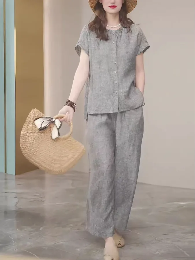 Gray Cotton Linen Set Women's Summer 2026 round Neck Short Sleeve Shirt Top Wide Leg Pants Two Piece Set Commute Style Casual...
Gray Cotton Linen Set Women's Summer 2026 round Neck Short Sleeve Shirt Top Wide Leg Pants Two Piece Set Commute Style Casual...