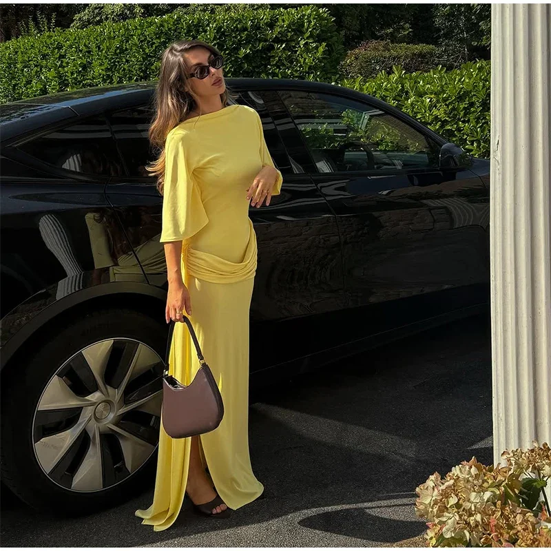 2026 Spring/Summer New Lady Yellow Evening Gown Sexy Backless Party Long Dress Women O-neck Slim Pleated Ribbon Women's Dresses
2026 Spring/Summer New Lady Yellow Evening Gown Sexy Backless Party Long Dress Women O-neck Slim Pleated Ribbon Women's Dresses