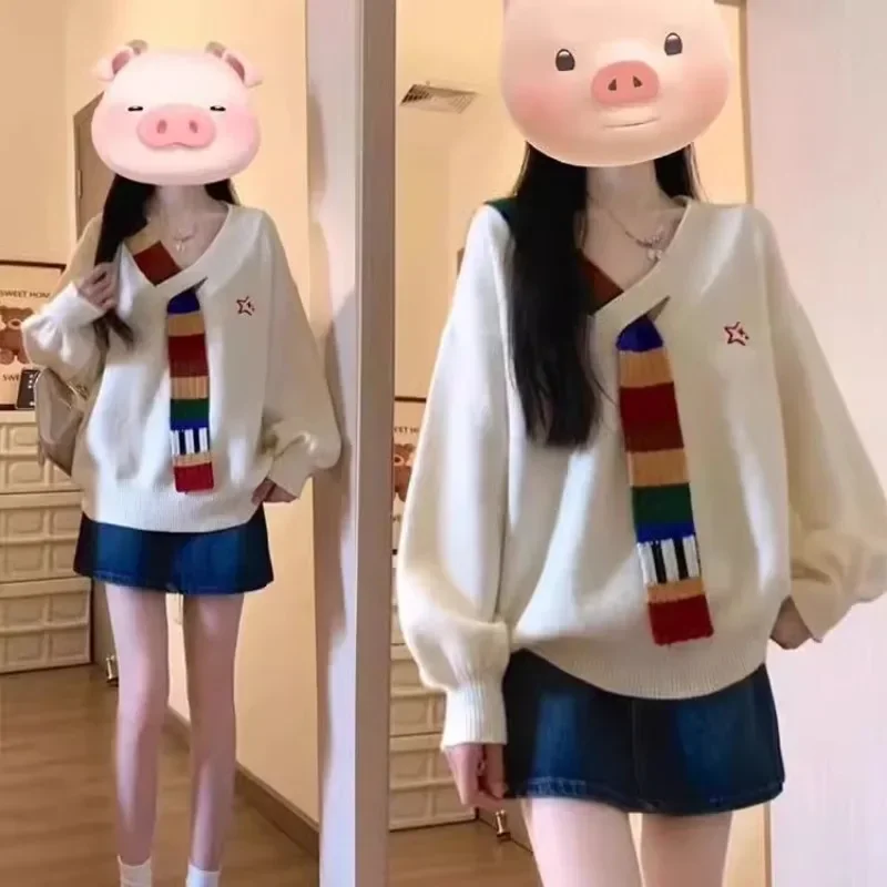 Women's Loose V-Neck Sweater, Retro Rainbow Splicing Jacket, College Style, High-End, American, Autumn and Winter
Women's Loose V-Neck Sweater, Retro Rainbow Splicing Jacket, College Style, High-End, American, Autumn and Winter