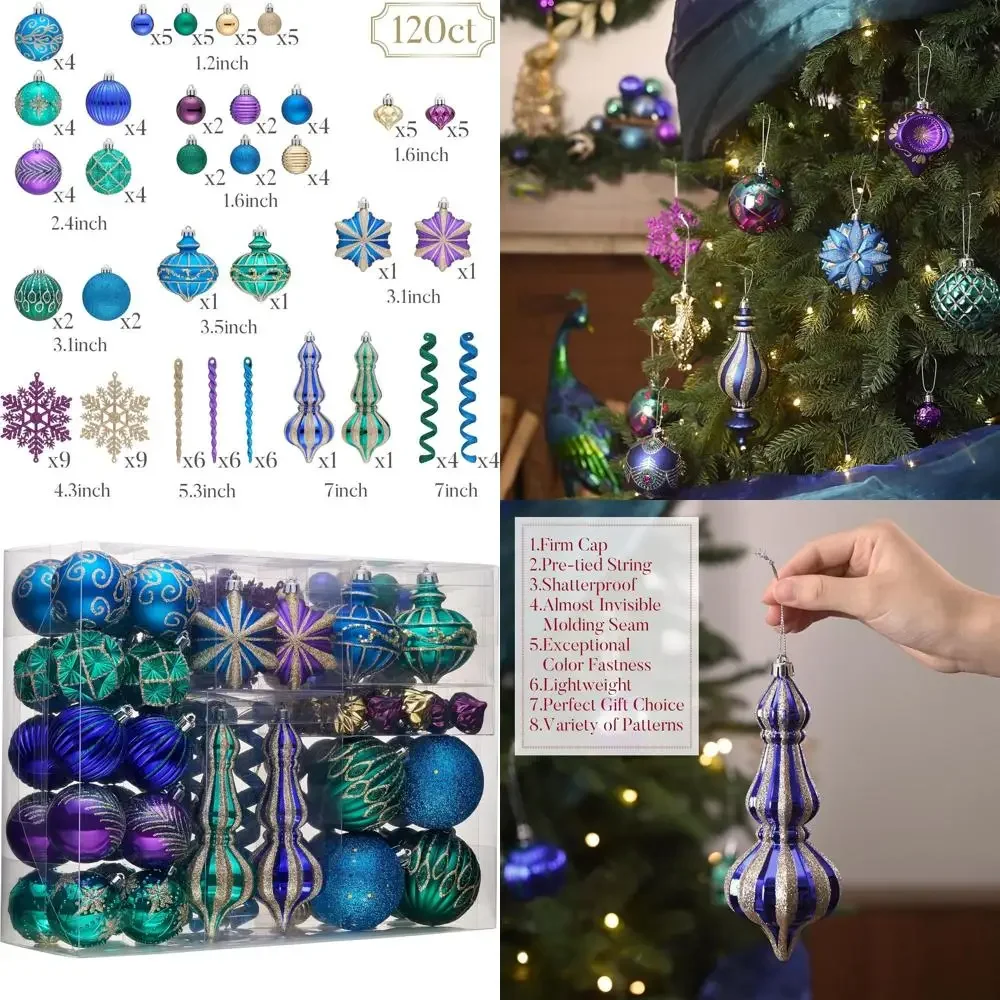 Shatterproof Peacock Blue, Purple & Green Christmas Ornaments Set, 120-Piece Decorative Hangings for Holiday Tree & Party Decor
Shatterproof Peacock Blue, Purple & Green Christmas Ornaments Set, 120-Piece Decorative Hangings for Holiday Tree & Party Decor