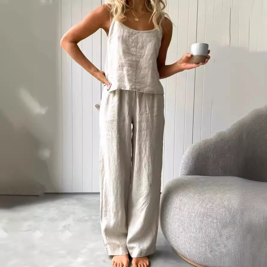 Cotton Linen Women's Suit Sexy Camisole Vest Wide-leg Pants Two Piece Sets Female Fashion Solid Casual 2 Piece Sets Homewear
Cotton Linen Women's Suit Sexy Camisole Vest Wide-leg Pants Two Piece Sets Female Fashion Solid Casual 2 Piece Sets Homewear