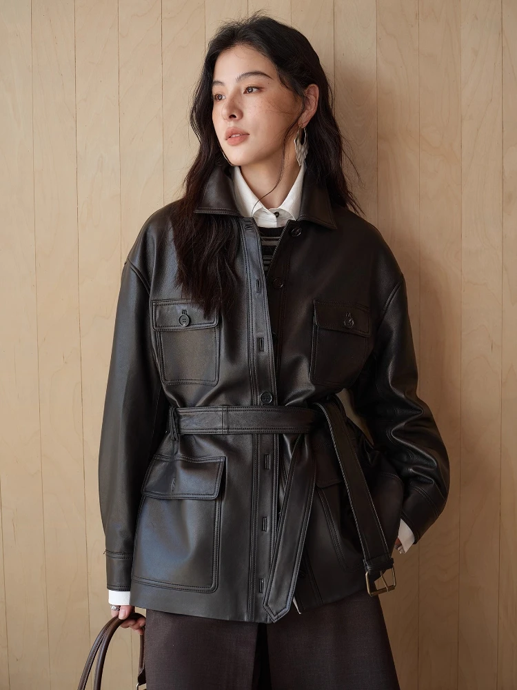 Casual Genuine Leather Windbreaker Jackets for Women Spring Autumn 2026 High-end Simple Soft Black Real Sheepskin Coat with Belt
Casual Genuine Leather Windbreaker Jackets for Women Spring Autumn 2026 High-end Simple Soft Black Real Sheepskin Coat with Belt