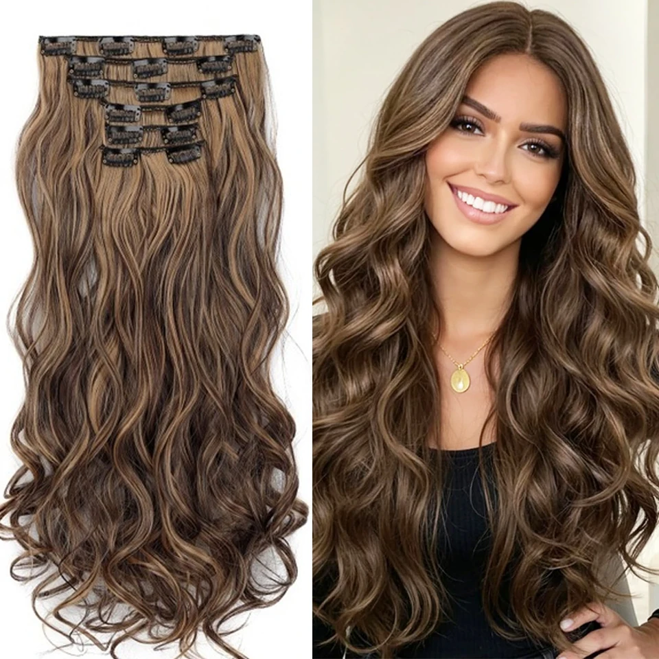 6PCS Clip in Hair Extensions Brown/Black/Gold 20 Inch Long Wavy Synthetic Hair Extensions For Women
6PCS Clip in Hair Extensions Brown/Black/Gold 20 Inch Long Wavy Synthetic Hair Extensions For Women