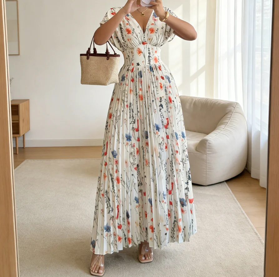 Women Dresses 2026 New Spring Summer Fashion Flower Print V-Neck Bubble Sleeves Cinched Waist Short Sleeve Casual Pleated Dress
Women Dresses 2026 New Spring Summer Fashion Flower Print V-Neck Bubble Sleeves Cinched Waist Short Sleeve Casual Pleated Dress