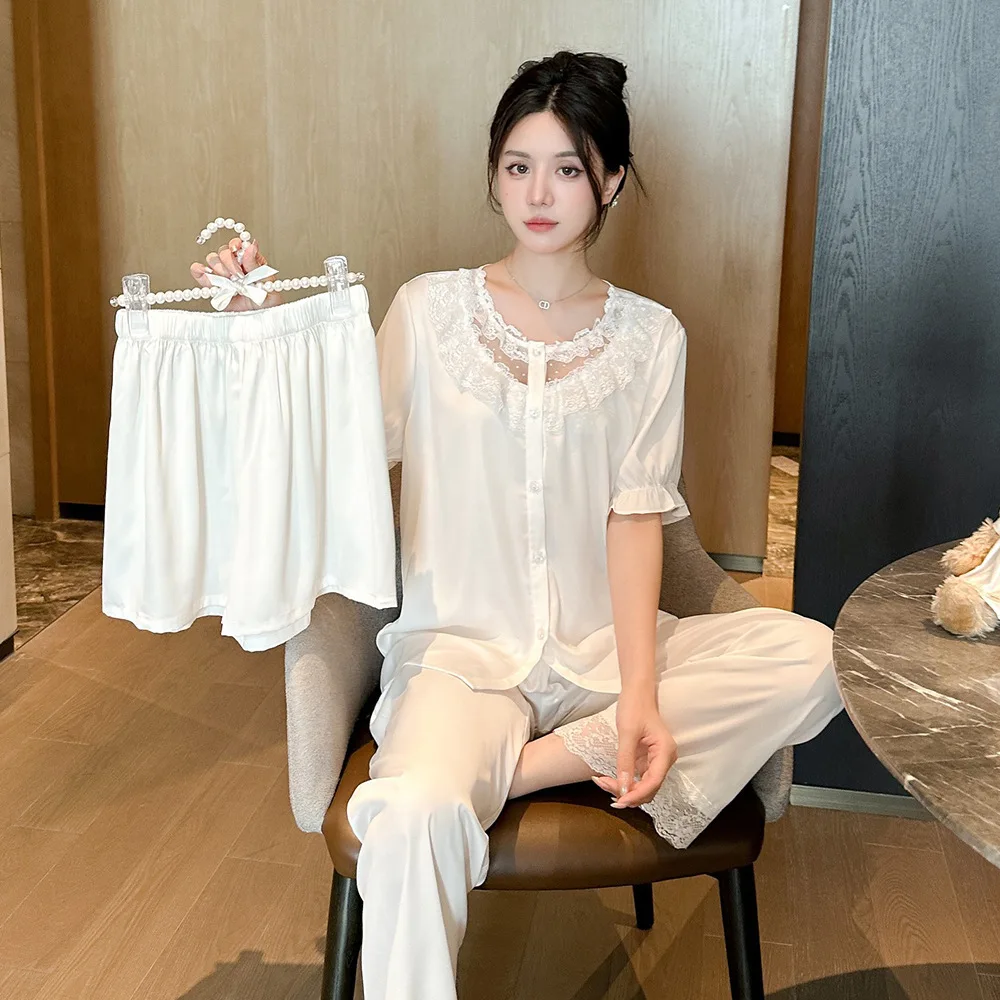 Women's Lace O-Neck Pajamas Two Piece Set Sexy White Satin Sleepwear Short Sleeve Trouser Summer Casual Homewear Loungewear
Women's Lace O-Neck Pajamas Two Piece Set Sexy White Satin Sleepwear Short Sleeve Trouser Summer Casual Homewear Loungewear