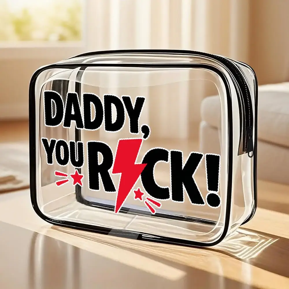 Toiletry Bag Lightning Bolt And Star "Daddy You Rock" Typographic Clear Zipper Makeup Bag Bold Playful Design Black Trim Portabl
Toiletry Bag Lightning Bolt And Star "Daddy You Rock" Typographic Clear Zipper Makeup Bag Bold Playful Design Black Trim Portabl
