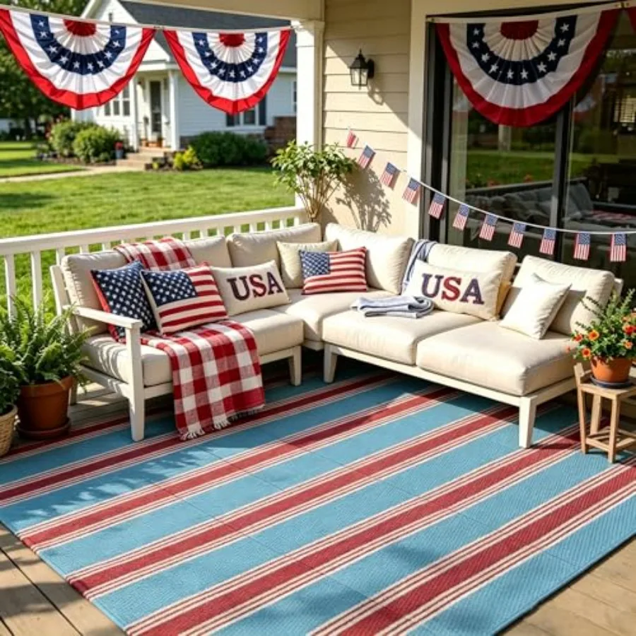 Outdoor patio rug for deck, balcony, beach, RV, and picnic use; plastic straw material; blue/red striped patriotic design; reve
Outdoor patio rug for deck, balcony, beach, RV, and picnic use; plastic straw material; blue/red striped patriotic design; reve
