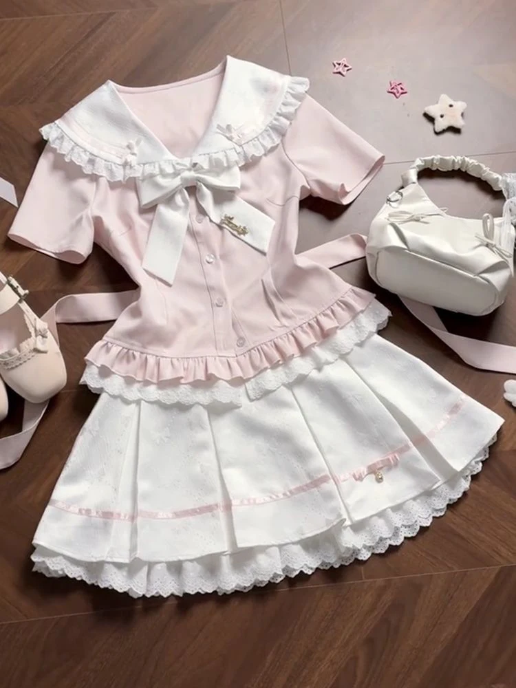 Pink Girl's Summer Shirt And Skirt Set Navy Collar Short Sleeve Waist Cinched Pleated Dress Two Piece Women's Fashion Ou...
Pink Girl's Summer Shirt And Skirt Set Navy Collar Short Sleeve Waist Cinched Pleated Dress Two Piece Women's Fashion Ou...