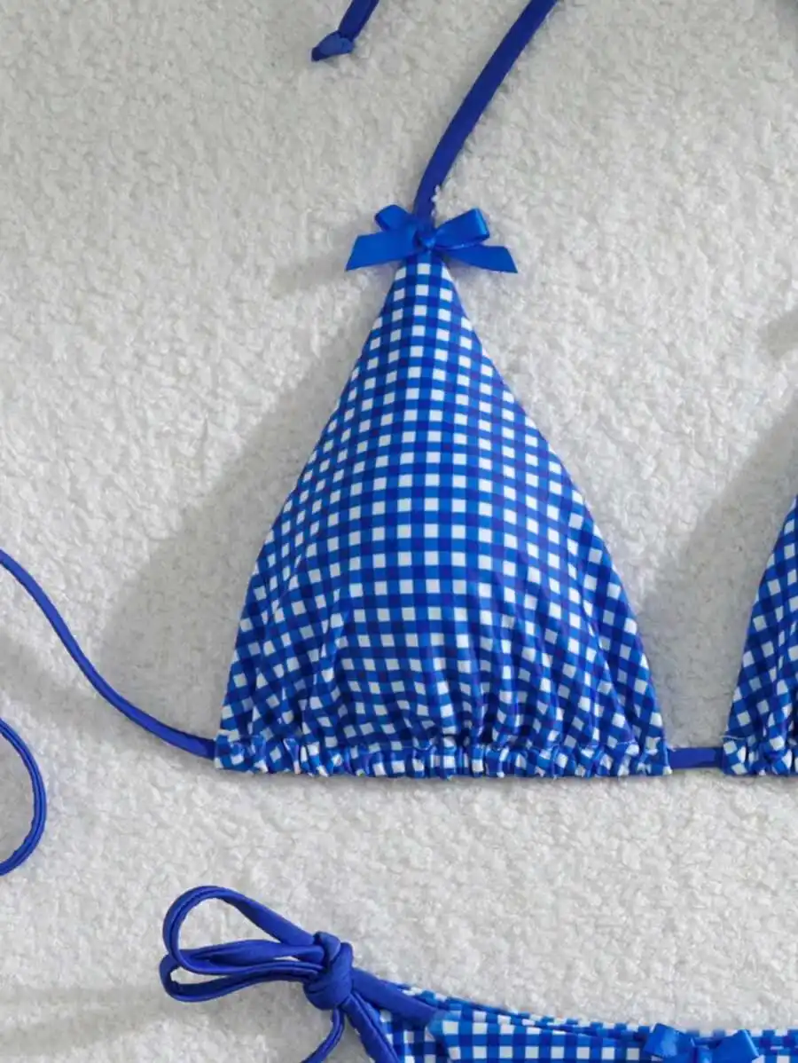 Womens Blue White Gingham Halter Triangle Bikini Set With Bow Decoration
Womens Blue White Gingham Halter Triangle Bikini Set With Bow Decoration