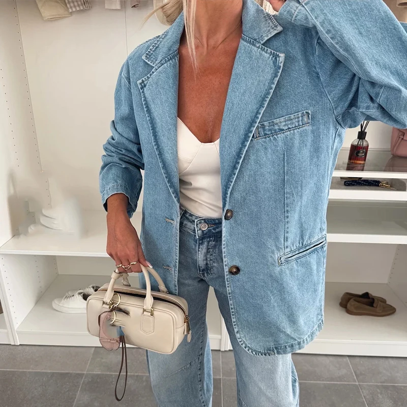 Women Elegant Single Breasted Solid Blazer Coats Casual Long Sleeve Pockets Jackets Fashion Lapel Collar Loose Denim Outerwears
Women Elegant Single Breasted Solid Blazer Coats Casual Long Sleeve Pockets Jackets Fashion Lapel Collar Loose Denim Outerwears