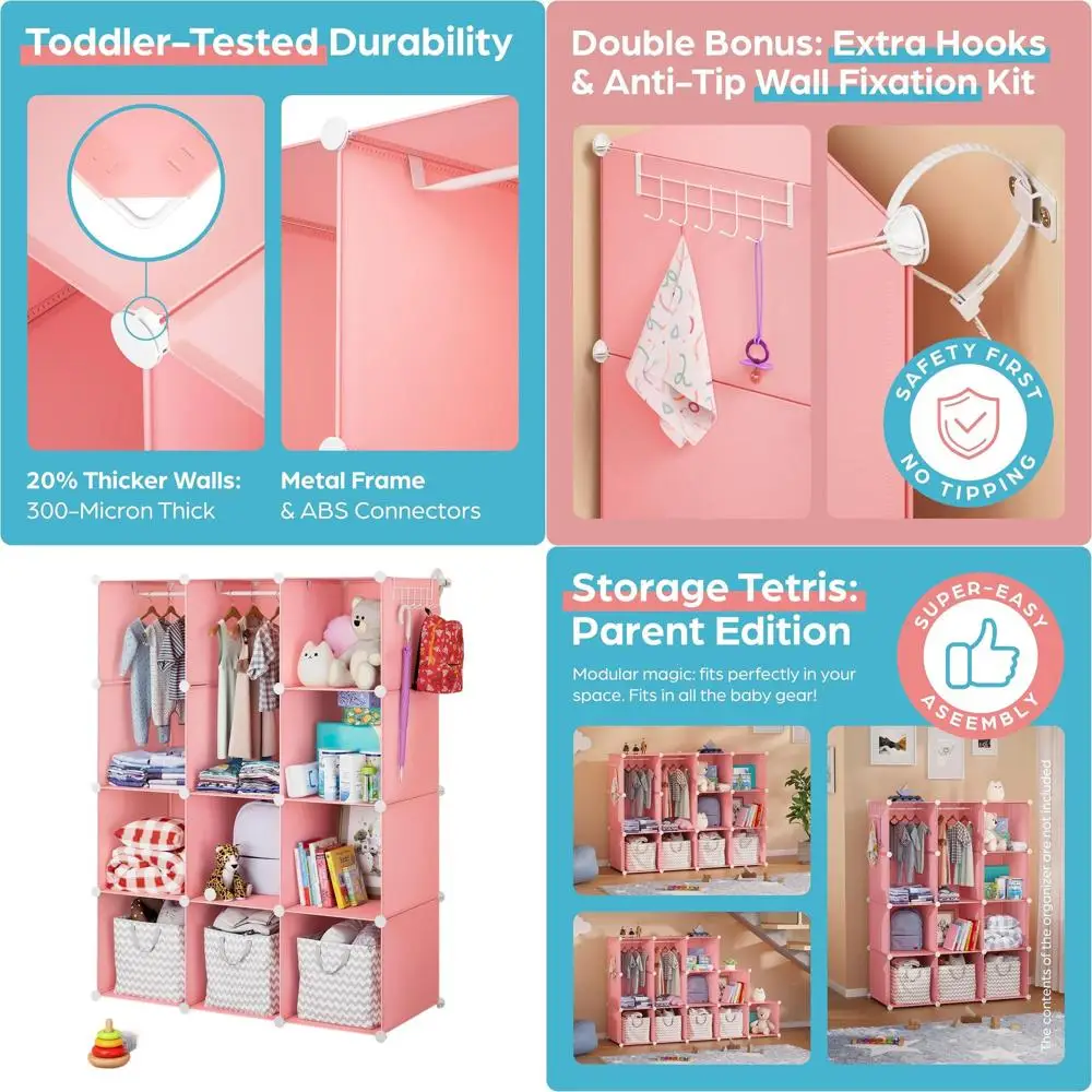 Pink Waterproof Baby Wardrobe Organizer with Customizable Shelves and Wall Mount for Nursery
Pink Waterproof Baby Wardrobe Organizer with Customizable Shelves and Wall Mount for Nursery