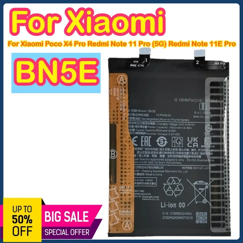 Аккумулятор BN5E 3,8 В, 5000 мАч для Xiaomi Mi POCO X4 Pro Redmi Note 11 pro/11E Pro 5G, аккумулятор для телефона BN5E 
Аккумулятор BN5E 3,8 В, 5000 мАч для Xiaomi Mi POCO X4 Pro Redmi Note 11 pro/11E Pro 5G, аккумулятор для телефона BN5E
