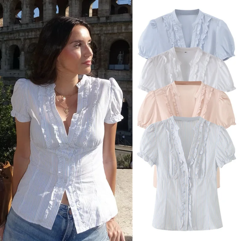Women's 2026 summer new casual round neck short-sleeved shirt women's striped v-neck ruffle edge office single-breasted top
Women's 2026 summer new casual round neck short-sleeved shirt women's striped v-neck ruffle edge office single-breasted top