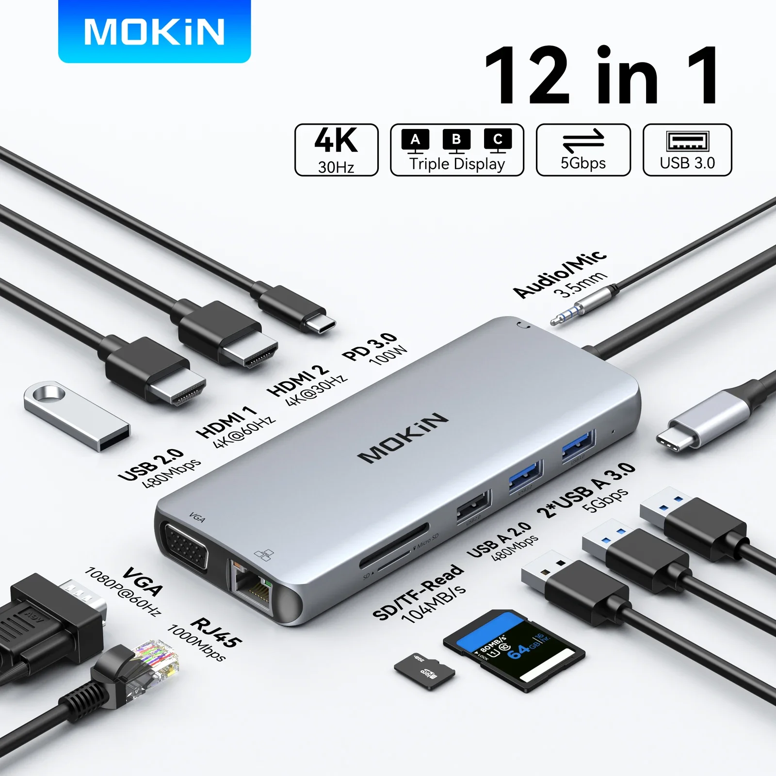 MOKiN 12 в 1 Адаптер USB C типа C к 4K HDMI, DP, VGA, USB3.0, PD3.0 100 Вт, аудио, SD/TF Док-станция для MacBook Pro Air
MOKiN 12 в 1 Адаптер USB C типа C к 4K HDMI, DP, VGA, USB3.0, PD3.0 100 Вт, аудио, SD/TF Док-станция для MacBook Pro Air