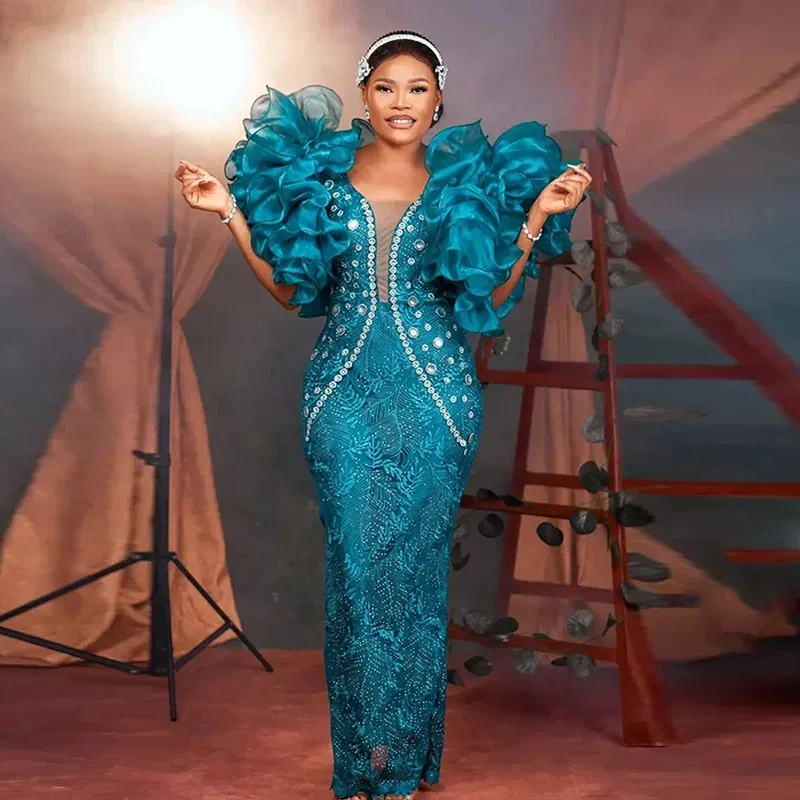 Ruffles Sleeves Floor Length Evening Gowns Zipper Back Formal Party Dress Ribe De Soiree Aso Ebi Blue Lace Mermaid Prom Dresses
Ruffles Sleeves Floor Length Evening Gowns Zipper Back Formal Party Dress Ribe De Soiree Aso Ebi Blue Lace Mermaid Prom Dresses