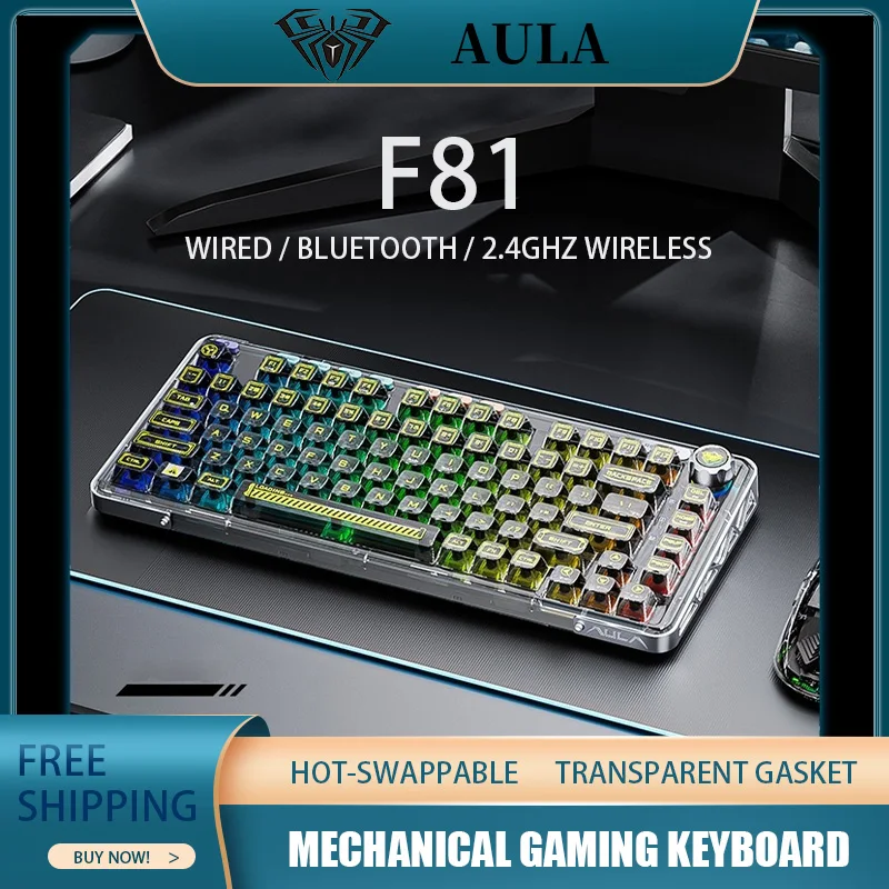 AULA F81 Механическая игровая клавиатура с возможностью горячей замены Type-C Проводная/Bluetooth/2,4 ГГц Беспроводная прозрачная прокладка Многофункциональная ручка
AULA F81 Механическая игровая клавиатура с возможностью горячей замены Type-C Проводная/Bluetooth/2,4 ГГц Беспроводная прозрачная прокладка Многофункциональная ручка