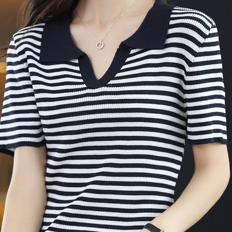 Women's Clothing Summer Short Sleeve Striped Polo Turn-down Collar Loose Tee T-shirt Vintage Elegant Fashion Casual Tops
Women's Clothing Summer Short Sleeve Striped Polo Turn-down Collar Loose Tee T-shirt Vintage Elegant Fashion Casual Tops