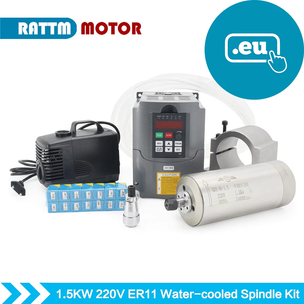 CNC Spindle Kit 1.5kw ER11 Water Cooled Spindle Motor & 1.5kw VFD & 80mm Clamp & 75W Pump&Pipe & ER11 collet (1-7mm)
CNC Spindle Kit 1.5kw ER11 Water Cooled Spindle Motor & 1.5kw VFD & 80mm Clamp & 75W Pump&Pipe & ER11 collet (1-7mm)