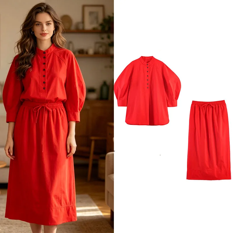 2026 Spring Summer Casual Red Two-Piece Set, Puff Sleeve Top, Elastic Waist Tie Mid-Length Skirt, Women's Loose High Street
2026 Spring Summer Casual Red Two-Piece Set, Puff Sleeve Top, Elastic Waist Tie Mid-Length Skirt, Women's Loose High Street