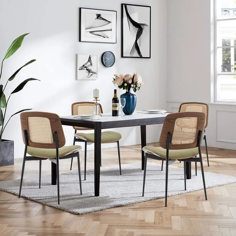 Набор из 4 обеденных стульев в стиле Mid-Century Modern, зеленые, из искусственной кожи, с мягкими сиденьями и металлическими ножками из орехового дерева.
Набор из 4 обеденных стульев в стиле Mid-Century Modern, зеленые, из искусственной кожи, с мягкими сиденьями и металлическими ножками из орехового дерева.