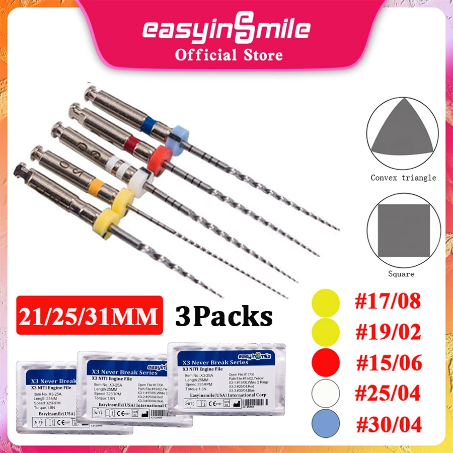 3Packs ESASYINSMILE Dental endo Rotary Files X3 Endodontic NITI Root canal engine tips curve canal files 21/25/31MM for Motor
3Packs ESASYINSMILE Dental endo Rotary Files X3 Endodontic NITI Root canal engine tips curve canal files 21/25/31MM for Motor
