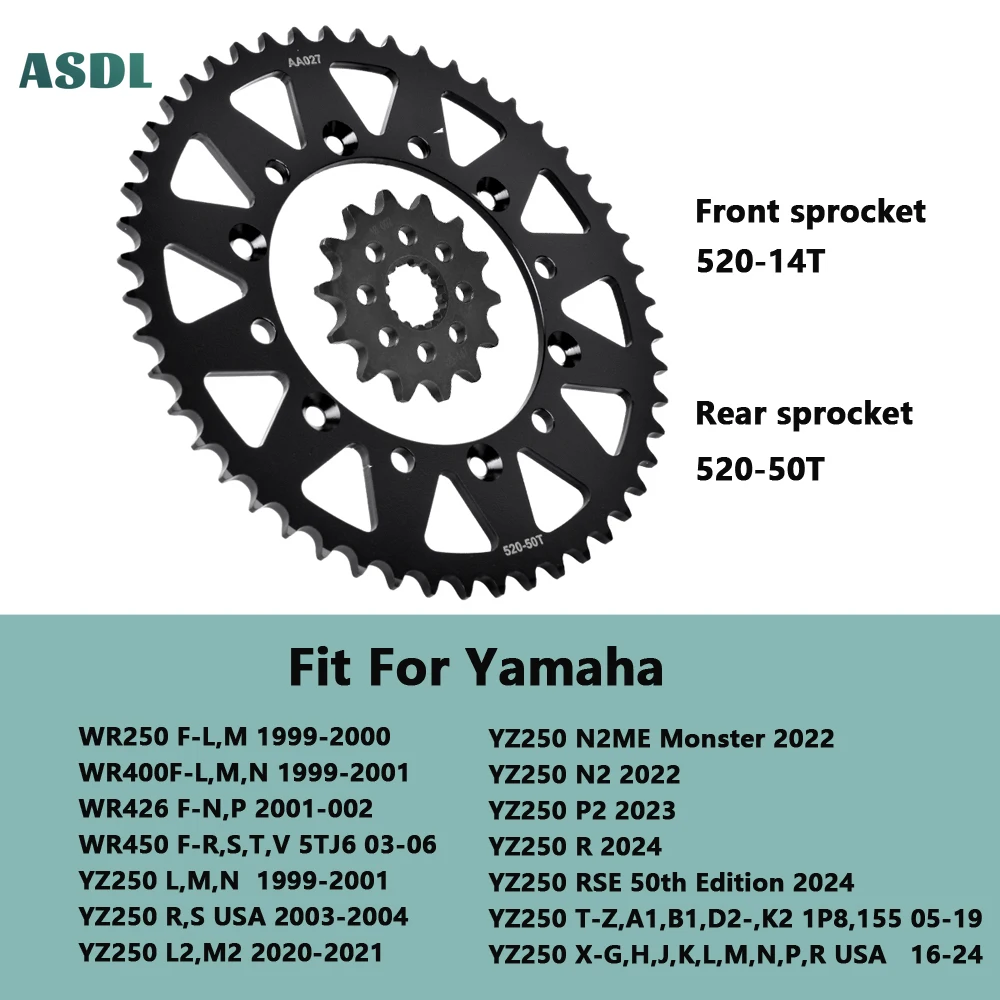 For Yamaha WR450 520 50T 14T Motorcycle Front & Rear Sprocket WR 250 400 426 450 YZ250 L M N 99-01 YZ250 T-Z 05-19 YZ250X 16-24
For Yamaha WR450 520 50T 14T Motorcycle Front & Rear Sprocket WR 250 400 426 450 YZ250 L M N 99-01 YZ250 T-Z 05-19 YZ250X 16-24