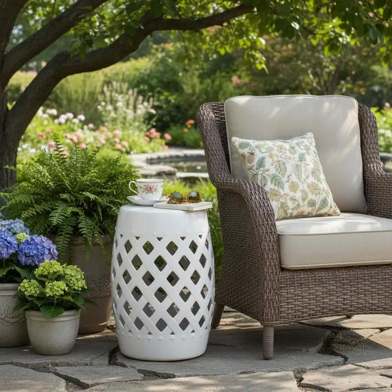 13" x 18" Ceramic Garden Stool with Woven Lattice Design & Glazed Strong Materials Decorative Outdoor Stool, White
13" x 18" Ceramic Garden Stool with Woven Lattice Design & Glazed Strong Materials Decorative Outdoor Stool, White