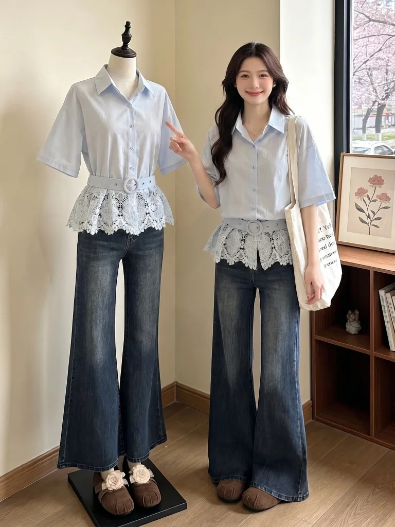 Light Blue V-Neck Shoulder-Length Sleeve Lace Hollow out Waist-Cinching Women's Shirt Korean Style Loose Fit Summer New Arrival
Light Blue V-Neck Shoulder-Length Sleeve Lace Hollow out Waist-Cinching Women's Shirt Korean Style Loose Fit Summer New Arrival