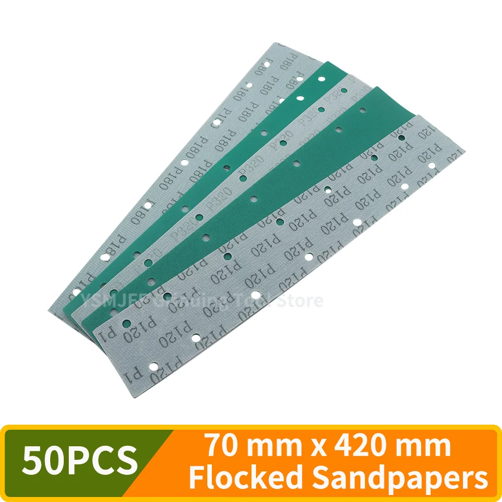 50PCS 70x420mm Polyester Film Green Sandpaper, 14 Holes Flocked Backing, 80-400 Grit For Car Grinding Polishing Accessories
50PCS 70x420mm Polyester Film Green Sandpaper, 14 Holes Flocked Backing, 80-400 Grit For Car Grinding Polishing Accessories
