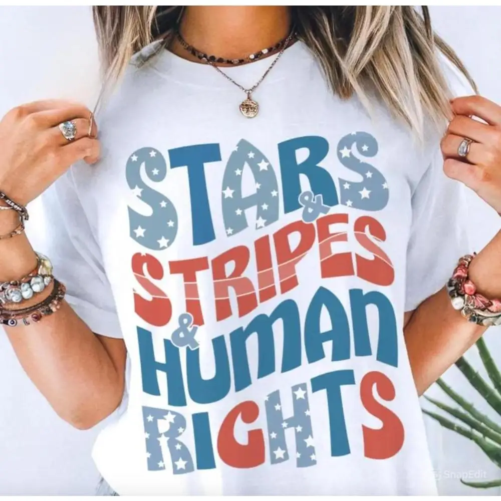 Women's Patriotic T-Shirt | "Stars Stripes & Human Rights" Graphic Tee | 4th of July American Pride Gift Top
Women's Patriotic T-Shirt | "Stars Stripes & Human Rights" Graphic Tee | 4th of July American Pride Gift Top