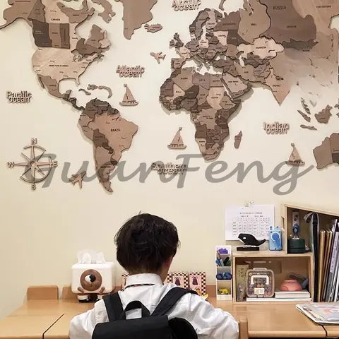 Solid Wood World Map Travel Nordic Living Room Background Wall Decoration Large Decorative Paintings Office Division School 3D
