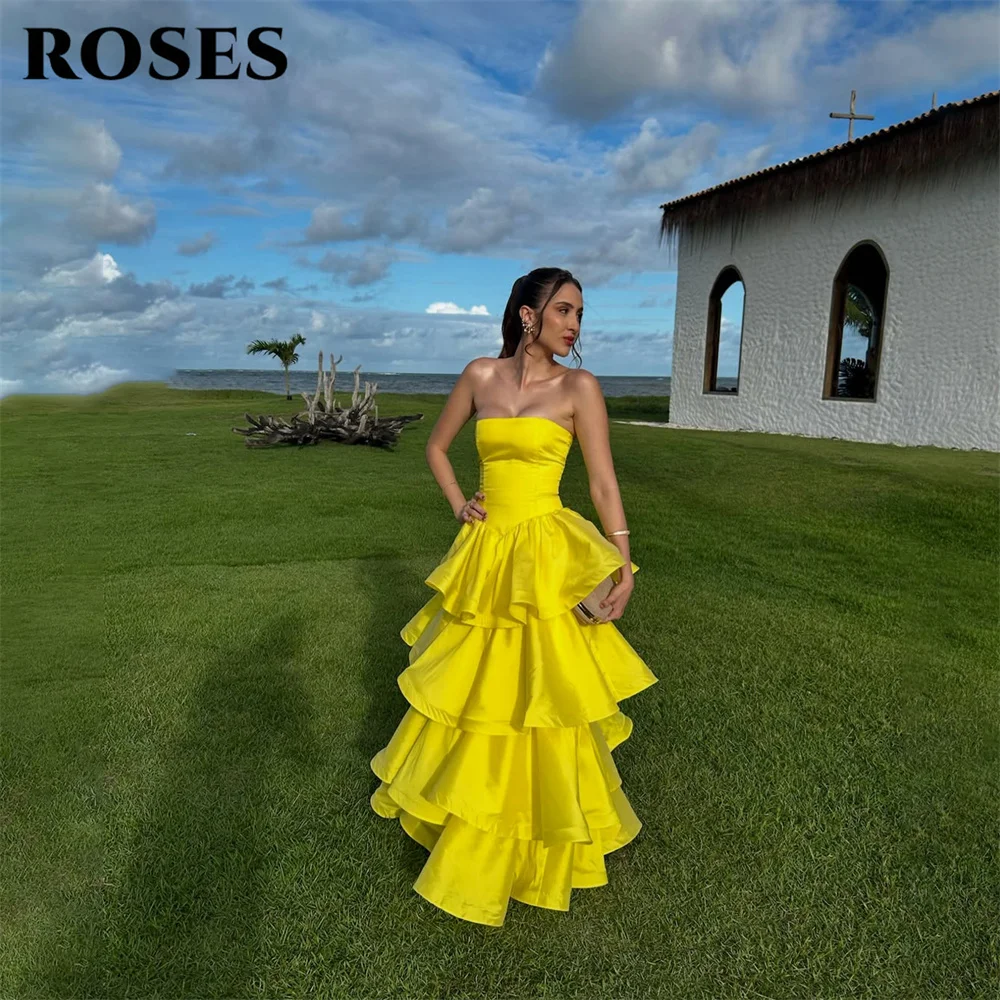 ROSES Yellow Evening Gown Strapless Sleeveless Prom Dress A Line Wedding Evening Dress Multilayered robes de soirée Customized
ROSES Yellow Evening Gown Strapless Sleeveless Prom Dress A Line Wedding Evening Dress Multilayered robes de soirée Customized