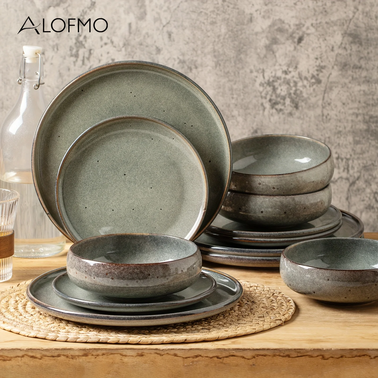 ALOFMO 12pcs Gray Reactive Glaze Ceramic Dinnerware Set With Random Speckles, Ingot-Shaped Stoneware, Includes Plates, Salad Pla
ALOFMO 12pcs Gray Reactive Glaze Ceramic Dinnerware Set With Random Speckles, Ingot-Shaped Stoneware, Includes Plates, Salad Pla