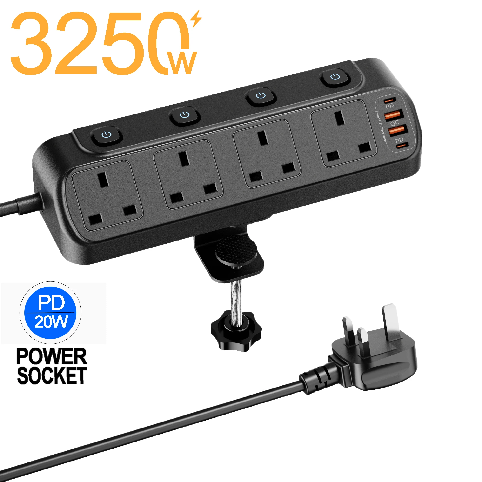 3250W Power Strip UK Plug 4 AC Independent Switches Multi functional triangular fixed socket With 2USB-A 2USB-C Ports Charging
3250W Power Strip UK Plug 4 AC Independent Switches Multi functional triangular fixed socket With 2USB-A 2USB-C Ports Charging