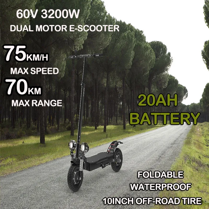 Складной электрический скутер 60 В, 3200 Вт, 75 км/ч, максимальная скорость, электронный скутер, 10 дюймов, внедорожные шины, двойные амортизаторы, эскоттеры, ЖК-дисплей 
Складной электрический скутер 60 В, 3200 Вт, 75 км/ч, максимальная скорость, электронный скутер, 10 дюймов, внедорожные шины, двойные амортизаторы, эскоттеры, ЖК-дисплей