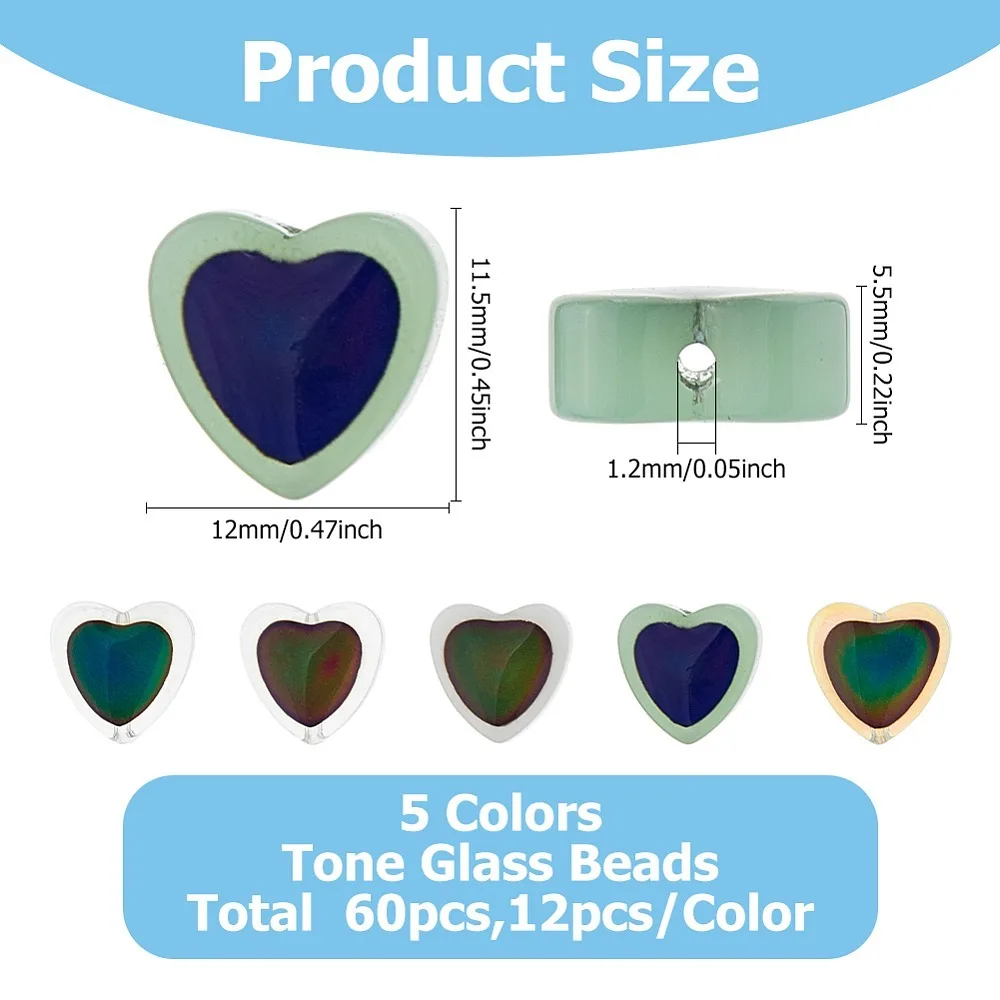 60Pcs 5 Colors Two Tone Glass Beads Temperature Sensing Color Changing Beads Heart Mixed Color 11.5x12x5.5mm Hole: 1.2mm
60Pcs 5 Colors Two Tone Glass Beads Temperature Sensing Color Changing Beads Heart Mixed Color 11.5x12x5.5mm Hole: 1.2mm