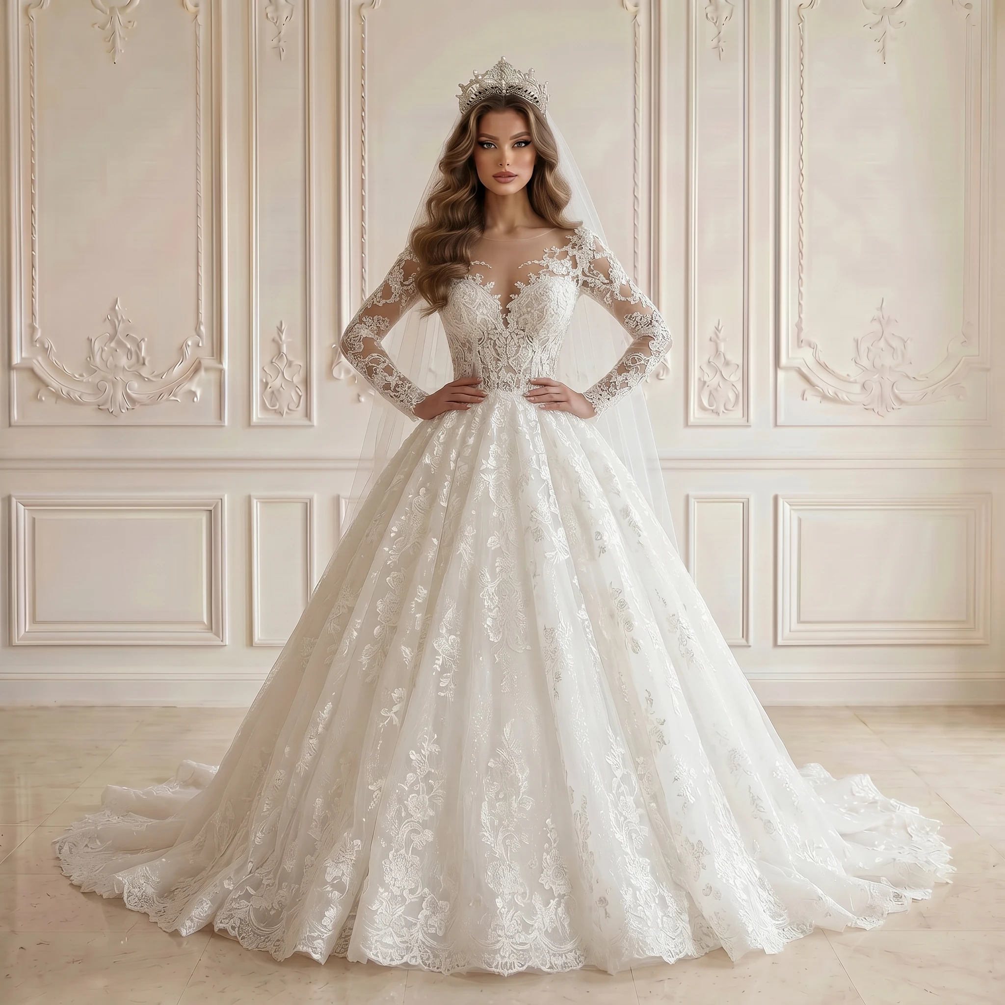 Illusion Neck Long Sleeve Ball Gown Wedding Dress Full Vintage Lace Corset Back Scalloped Chapel Train Bridal Gown
Illusion Neck Long Sleeve Ball Gown Wedding Dress Full Vintage Lace Corset Back Scalloped Chapel Train Bridal Gown