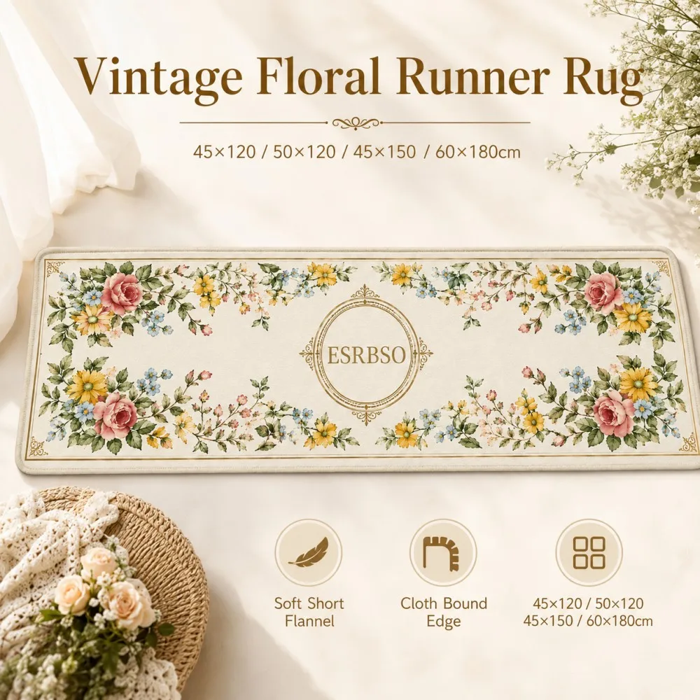 ESRBSO Vintage Floral Runner Rug Soft Short Flannel Hallway Kitchen Mat Non Slip Bedroom Carpet Cloth Bound Edge 45x120-60x180
ESRBSO Vintage Floral Runner Rug Soft Short Flannel Hallway Kitchen Mat Non Slip Bedroom Carpet Cloth Bound Edge 45x120-60x180